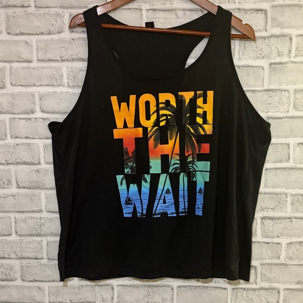 SHEIN Black Graphic Tank Top, beach, palm tree worth the wait size 2 XL